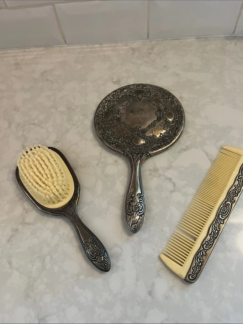 Vintage silver plated vanity set heavy ornate Art Nouveau